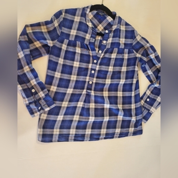 Madewell blue & white plaid half buttoned long sleeve shirt top blouseSz-S P16 - Picture 2 of 10